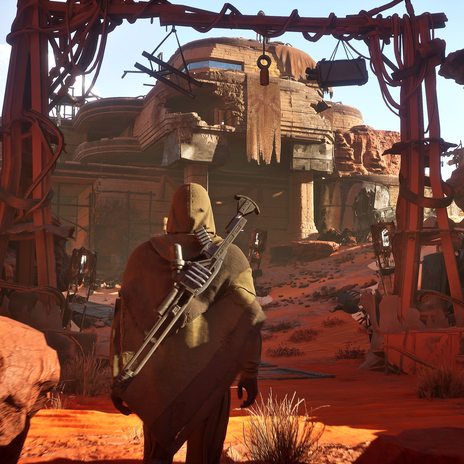 Epic combat scene between players using Fremen-style weapons and tactics