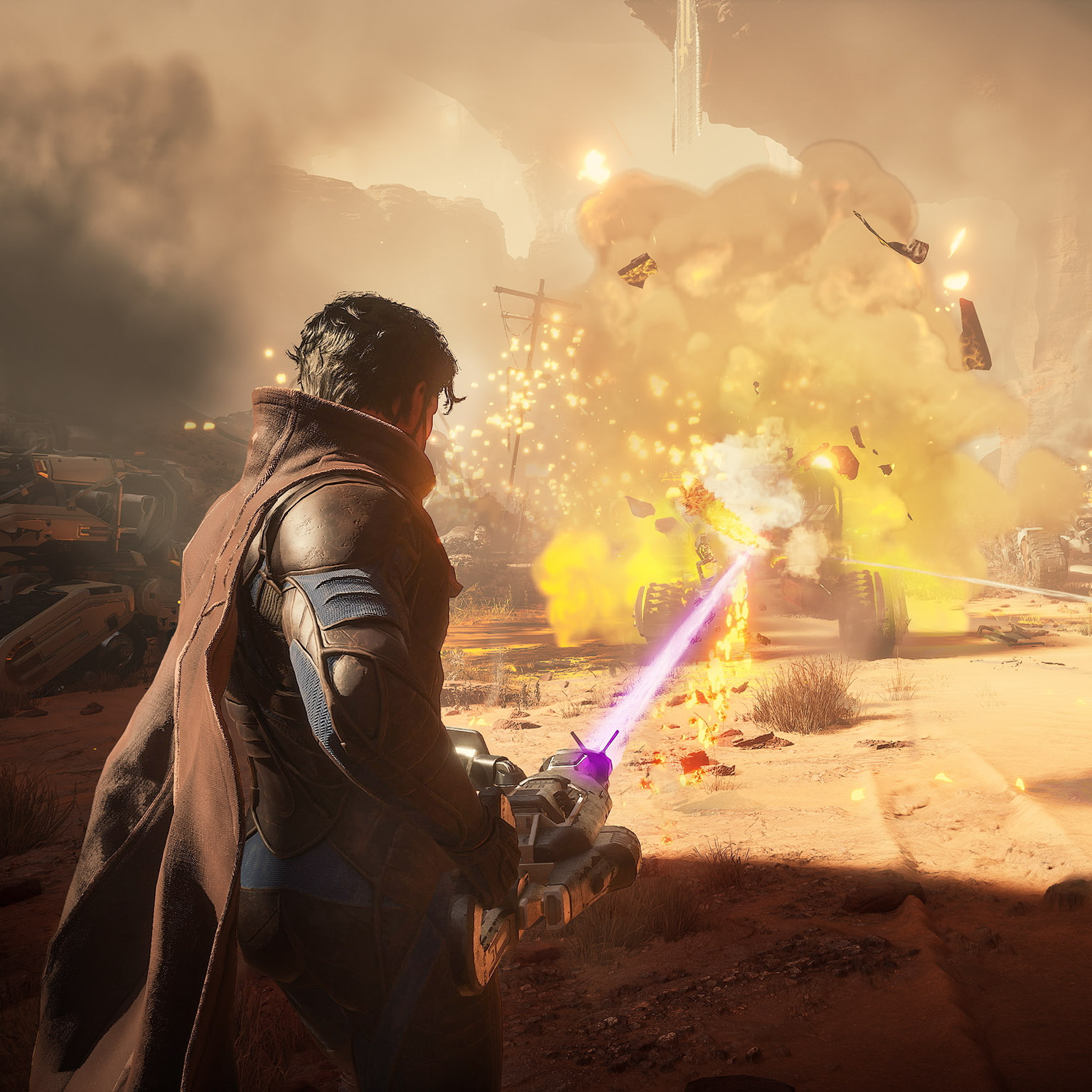 Ornithopter flying over a desert storm with lightning and swirling sand